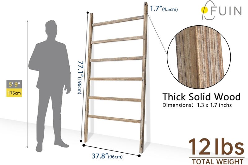 FUIN Extra Wide 6.4ft Wooden Blanket Ladder Living Room Decorative Wal Leaning Farmhouse Quilt Display Holder Rustic Wood Towel Rack for Bathroom, Burnt Brown, 38 inch Wide - Image 3